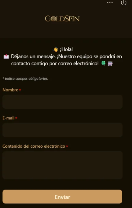 GoldSpin casino página de contacto y atención al cliente GoldSpin casino formulario de contacto con campos para enviar un mensaje al soporte