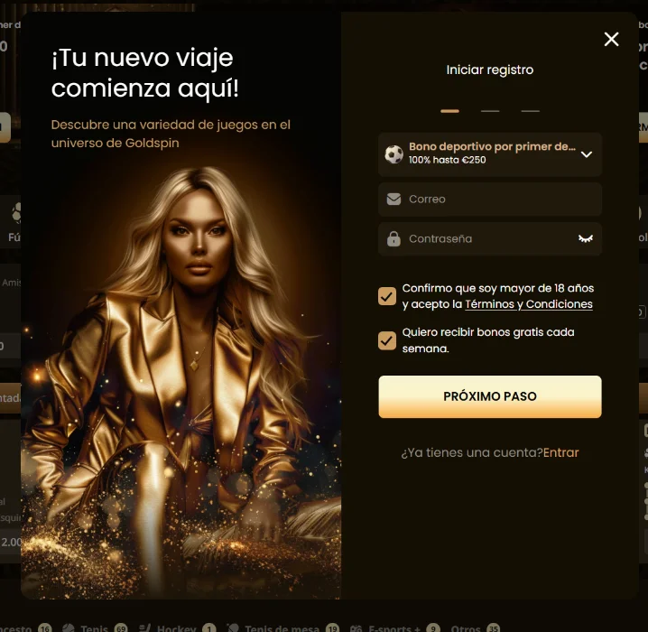 GoldSpin casino registro y bono de bienvenida GoldSpin casino formulario de registro con bono deportivo y creación de cuenta